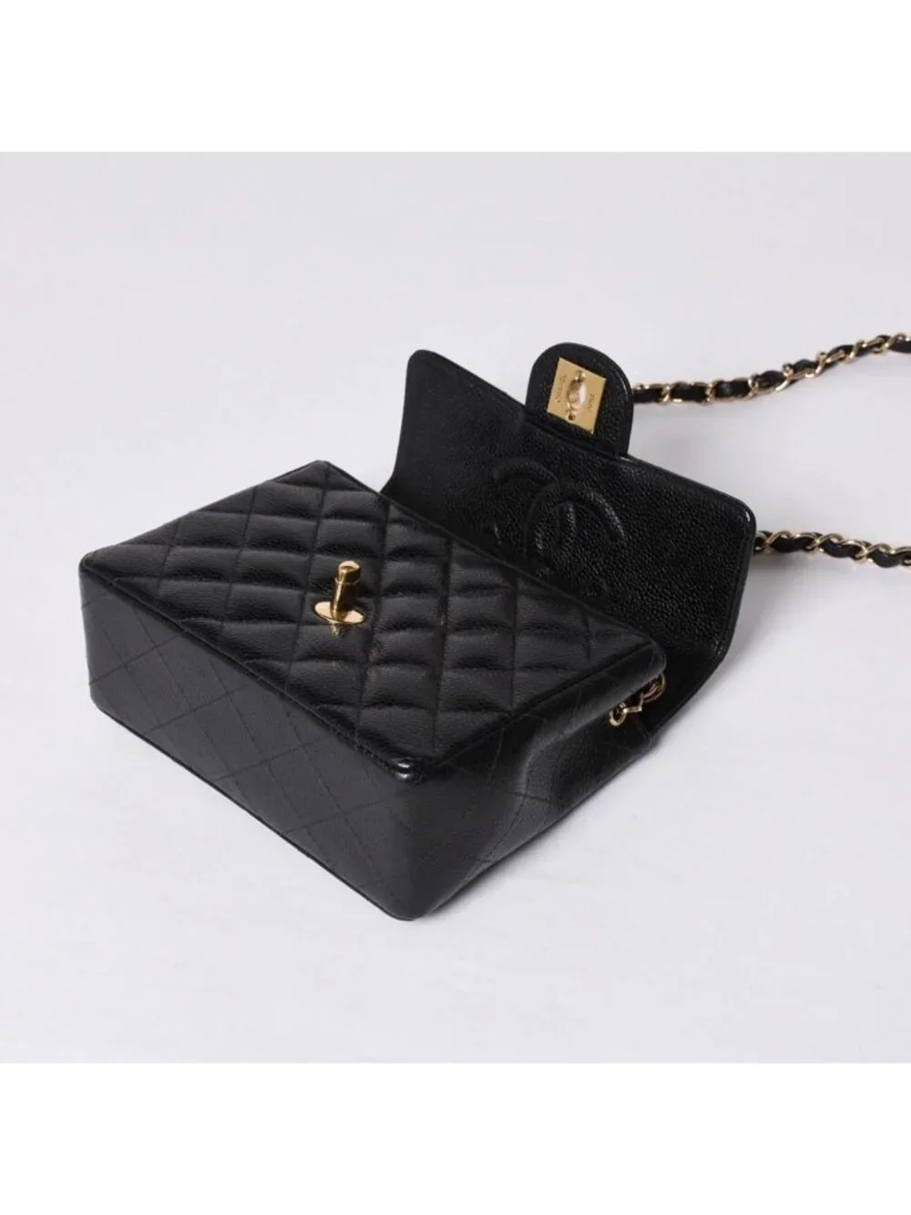 Chanel Mini Quilted Chain Shoulder Bag Caviar Leather Gold Black